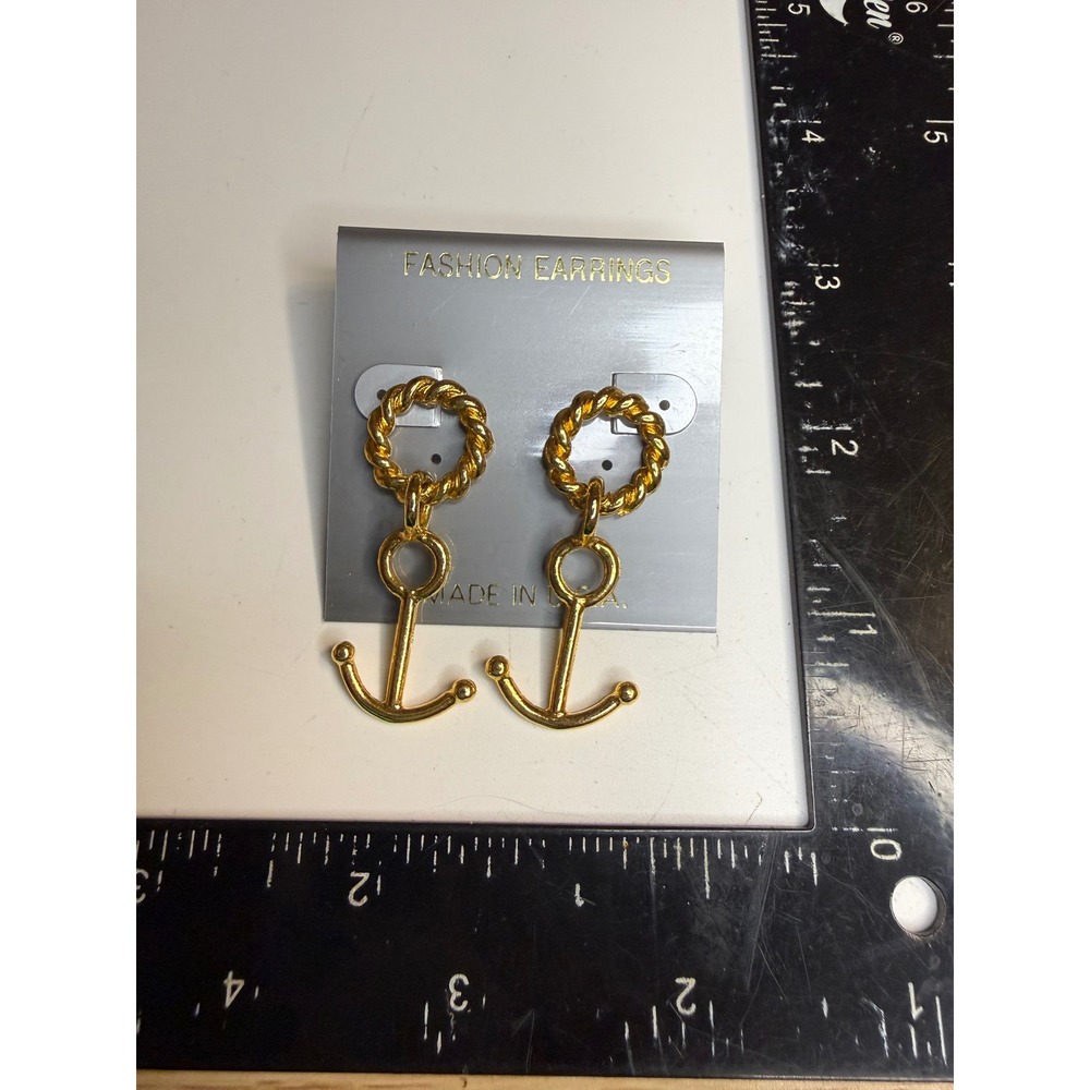 Gold Tone Anchor Drop Earrings Nautical Rope Twist Hoop Dangle Pierced Post